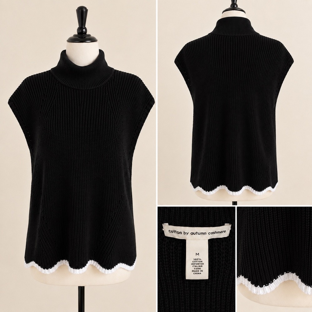 Cotton by Autumn Cashmere Sweater Vest Womens M Black Scalloped Hem Turtleneck